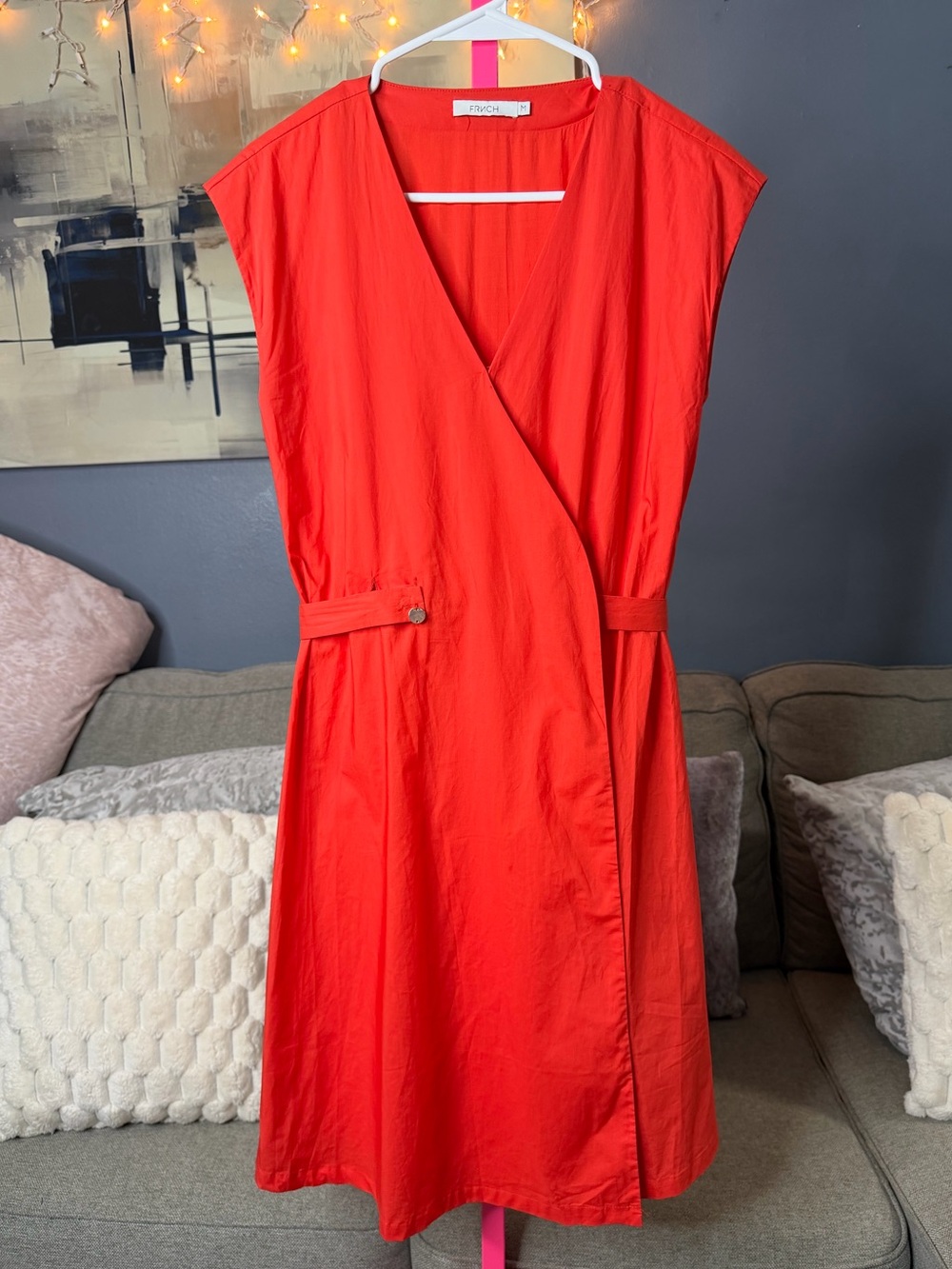 FRNCH Paris Orange Wrap Midi Dress 100% Cotton Belted Cap Sleeve Dress Medium